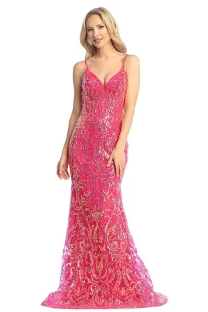 LF 7864 - Iridescent Sequin Print Fit & Flare Prom Gown with Lace Up Corset Back