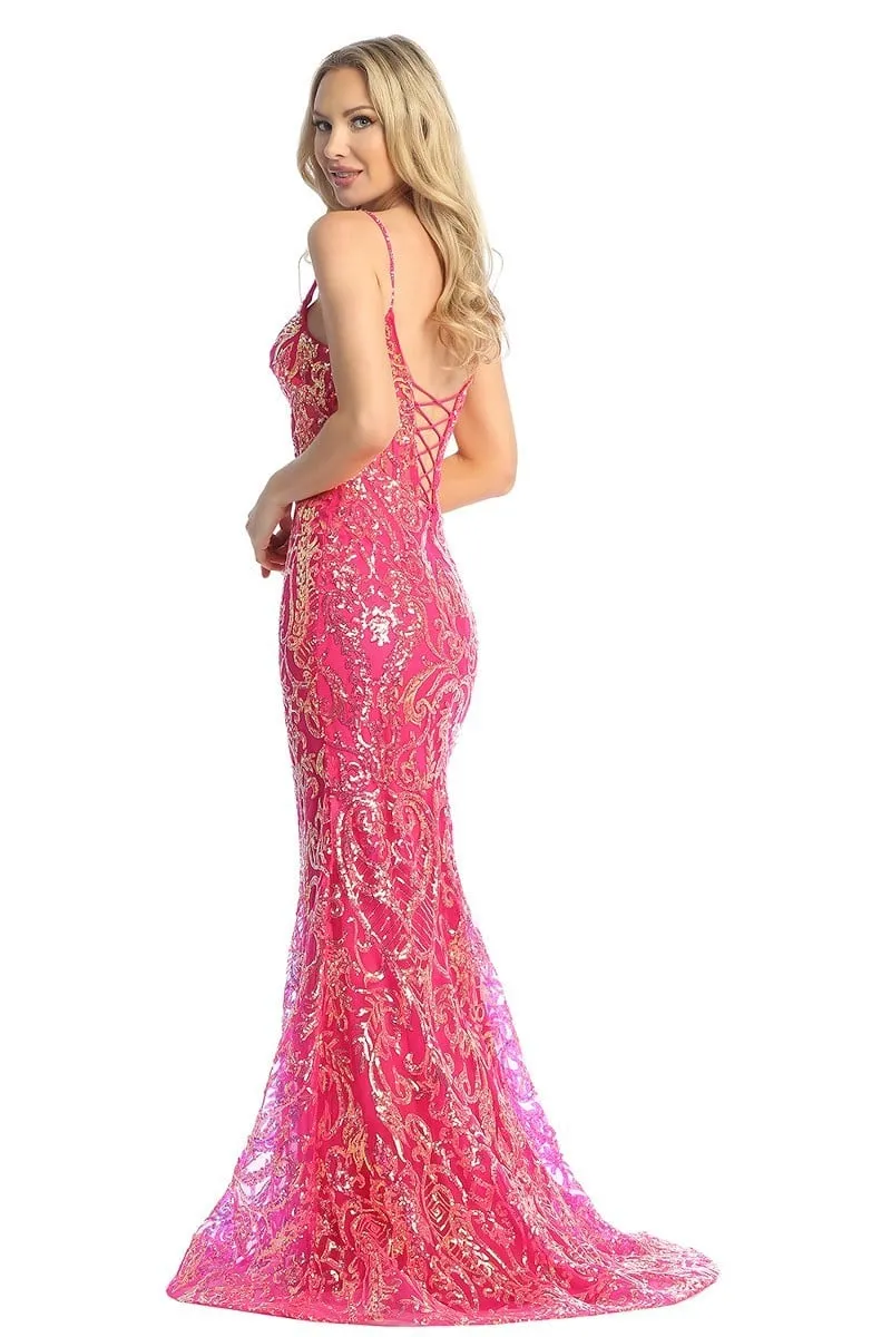 LF 7864 - Iridescent Sequin Print Fit & Flare Prom Gown with Lace Up Corset Back