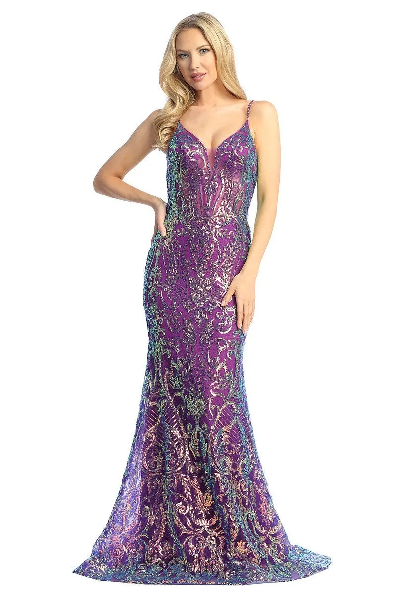LF 7864 - Iridescent Sequin Print Fit & Flare Prom Gown with Lace Up Corset Back