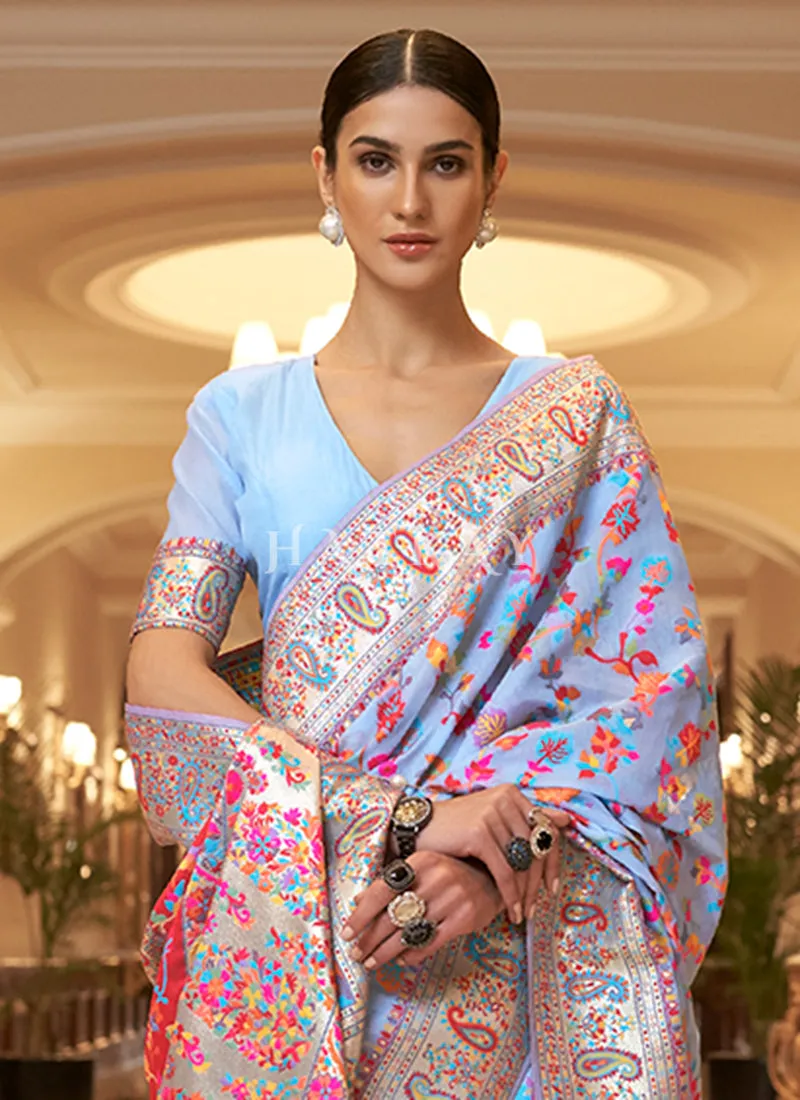 Light Blue Kashmiri Weaved Silk Saree