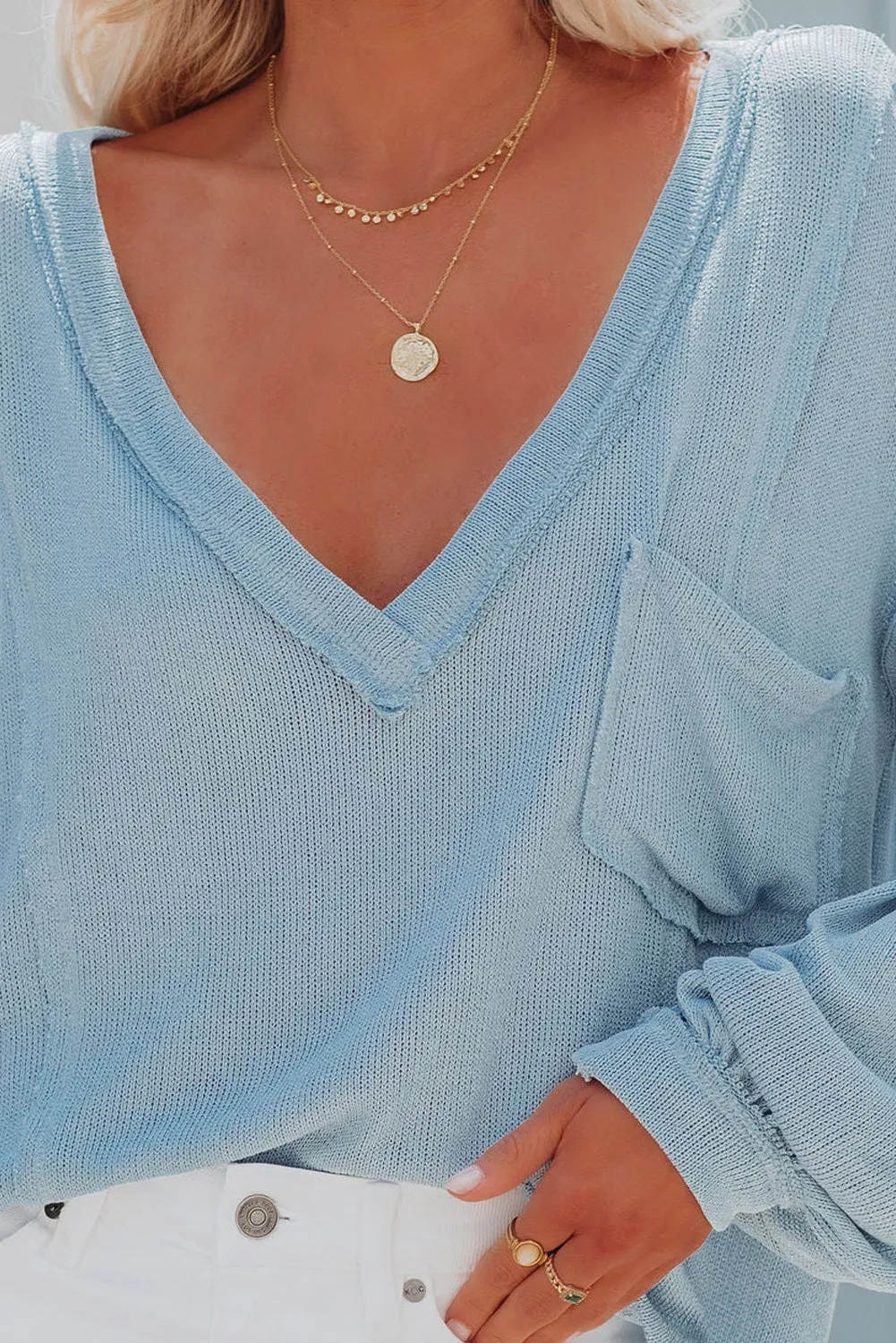 Light Blue V Neck Puff Sleeve Lightweight Knit Sweater