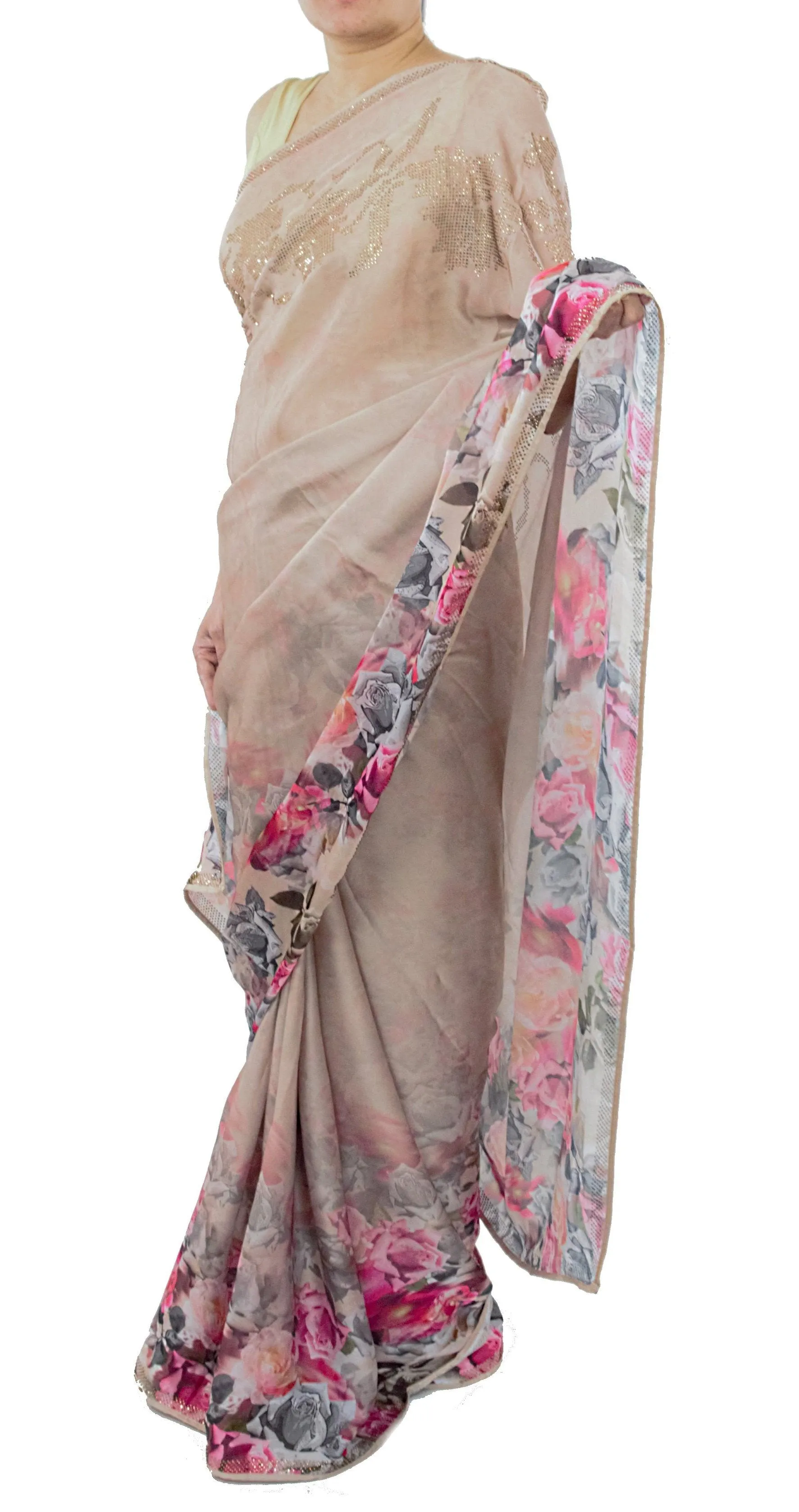 Light Coffee Color Floral Silk Saree With Swarovski Crystals Work