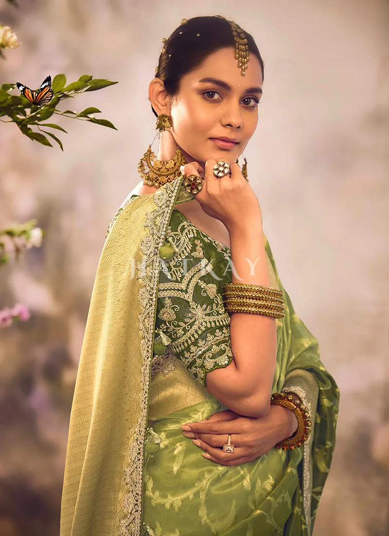 Light Green Embroidery Banarasi Saree