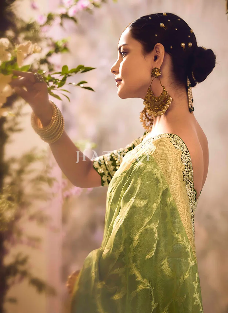 Light Green Embroidery Banarasi Saree