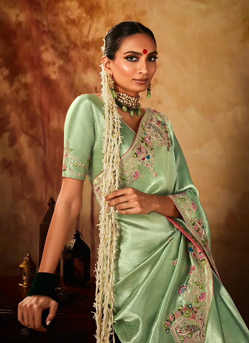 Light Green Multi Embroidery Banarasi Kanjivaram Silk Saree