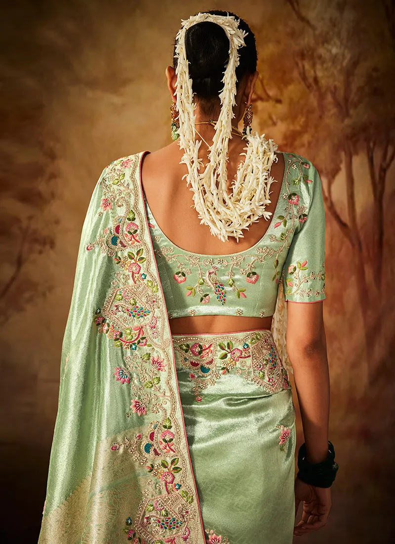 Light Green Multi Embroidery Banarasi Kanjivaram Silk Saree