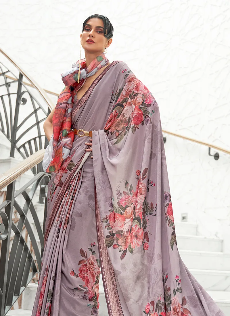 Light Grey Digital Printed Crape Silk Saree