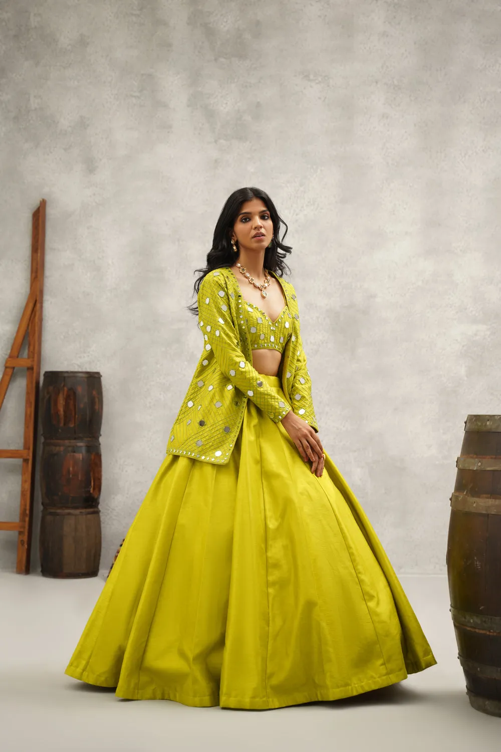 Lime Green Mirror Work Blouse, Jacket And Lehenga Set