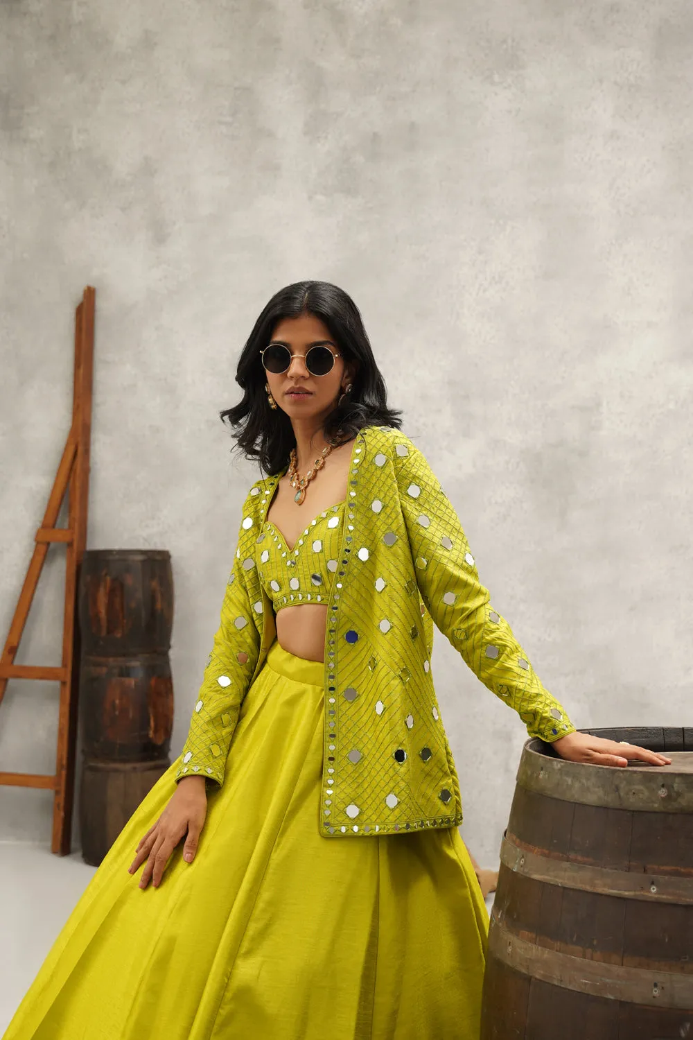 Lime Green Mirror Work Blouse, Jacket And Lehenga Set