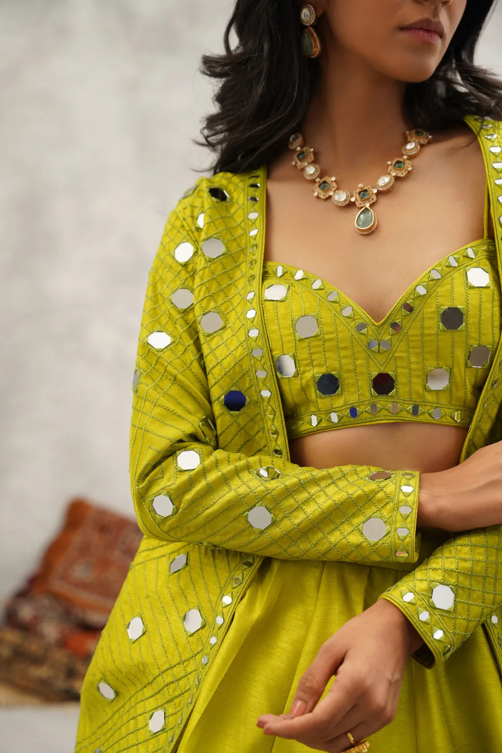Lime Green Mirror Work Blouse, Jacket And Lehenga Set