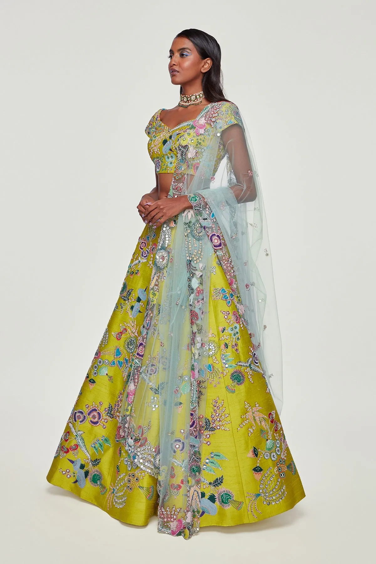 Lime Paper Dolls Raw Silk Appliquéd And Embellished Lehenga With Blouse And Cutwork Tulle Dupatta