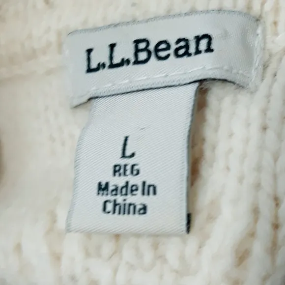 L.L.Bean Merino Wool Cable Knit Cream Turtleneck Sweater Size Large Regular