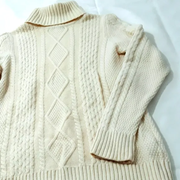L.L.Bean Merino Wool Cable Knit Cream Turtleneck Sweater Size Large Regular