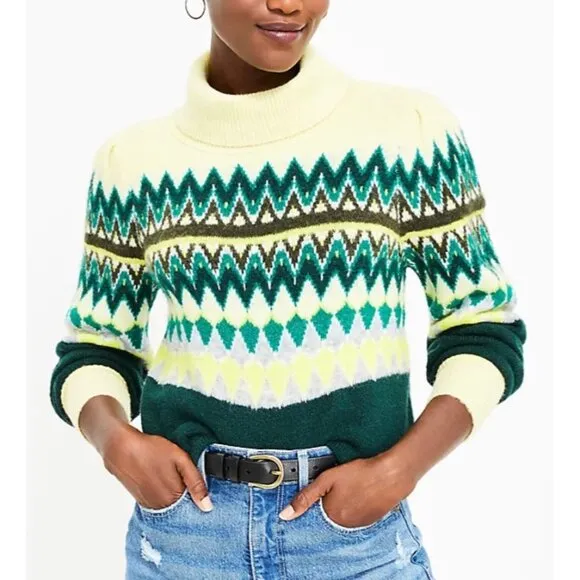LOFT Women Chevron Stitched Turtleneck Sweater SMALL