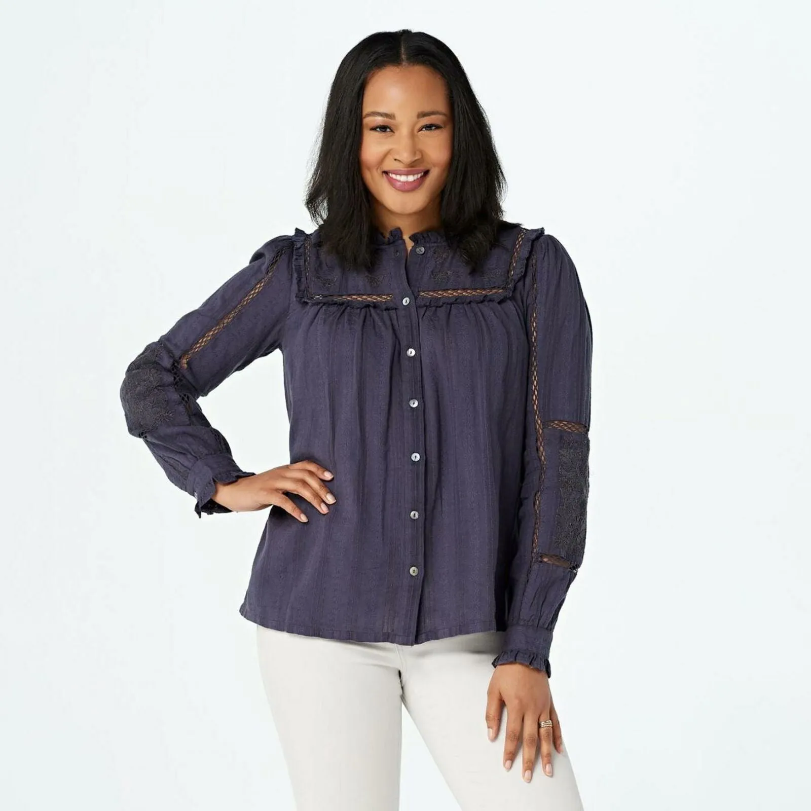 LOGO by Lori Goldstein Textured Woven Blouse Graphite Plus 1X