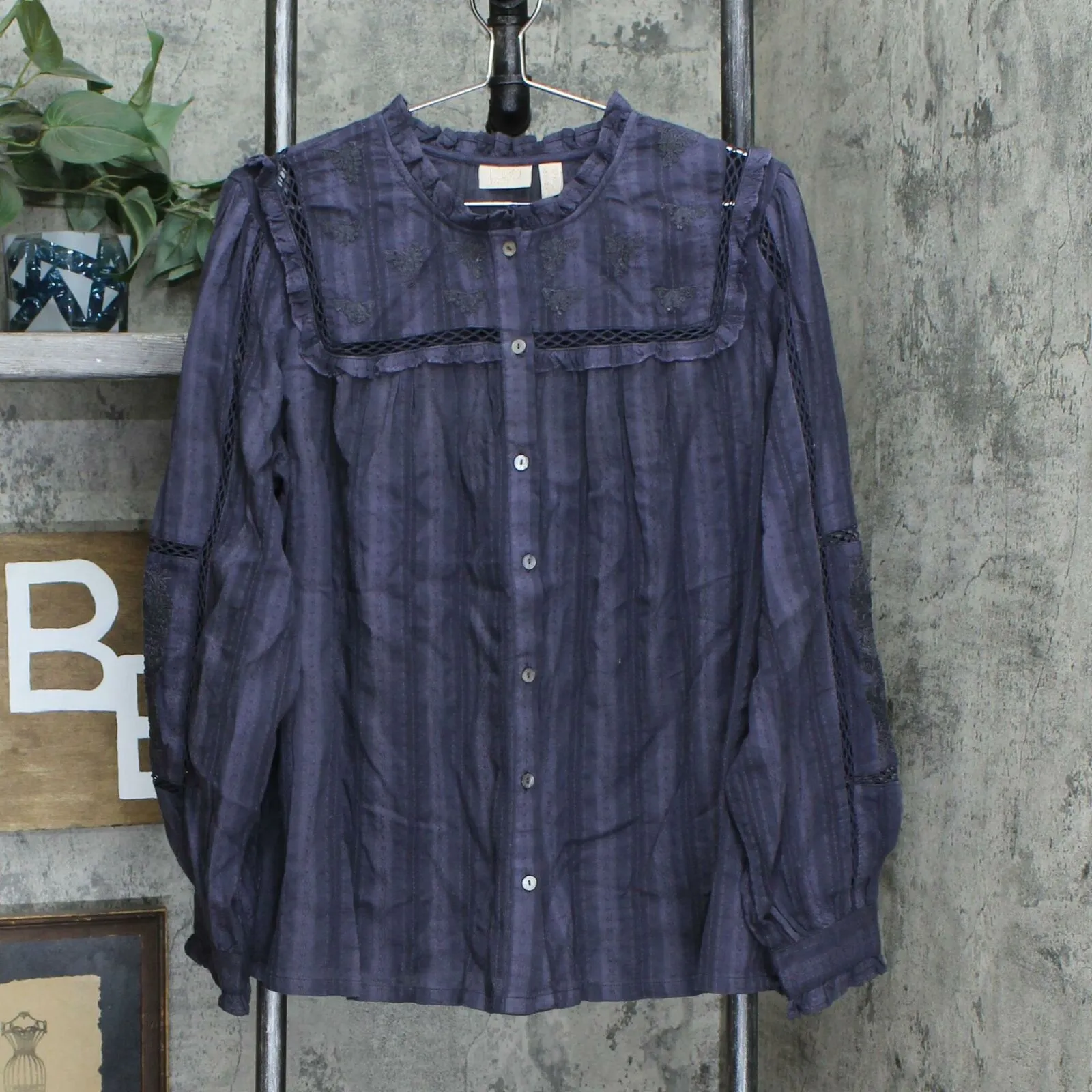 LOGO by Lori Goldstein Textured Woven Blouse Graphite Plus 1X