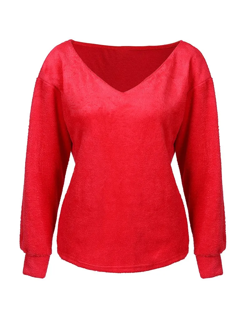 Long Sleeve Fluffy V-Neck Sweater - Red