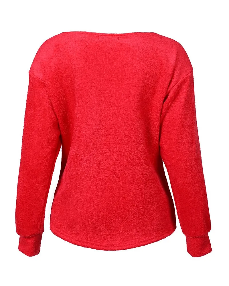 Long Sleeve Fluffy V-Neck Sweater - Red