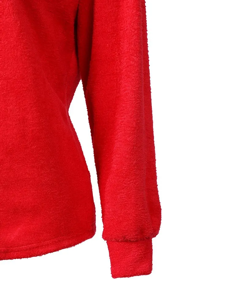 Long Sleeve Fluffy V-Neck Sweater - Red