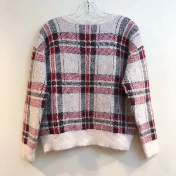Lord &amp; Taylor 424 Fifth Rabbit Hair Wool Blend Plaid Holiday V Neck Sweater M