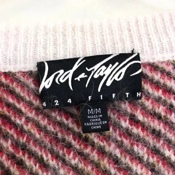 Lord &amp; Taylor 424 Fifth Rabbit Hair Wool Blend Plaid Holiday V Neck Sweater M