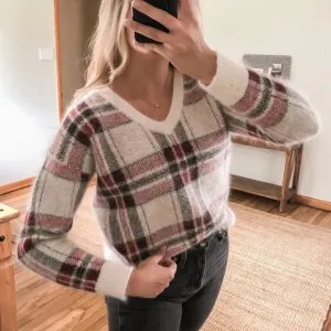 Lord &amp; Taylor 424 Fifth Rabbit Hair Wool Blend Plaid Holiday V Neck Sweater M