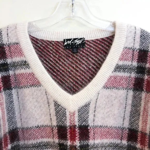 Lord &amp; Taylor 424 Fifth Rabbit Hair Wool Blend Plaid Holiday V Neck Sweater M