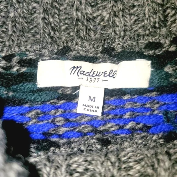 MADEWELL Geometric Gray/Blue‎ Turtleneck 100% Merino-Wool Sweater Women's…