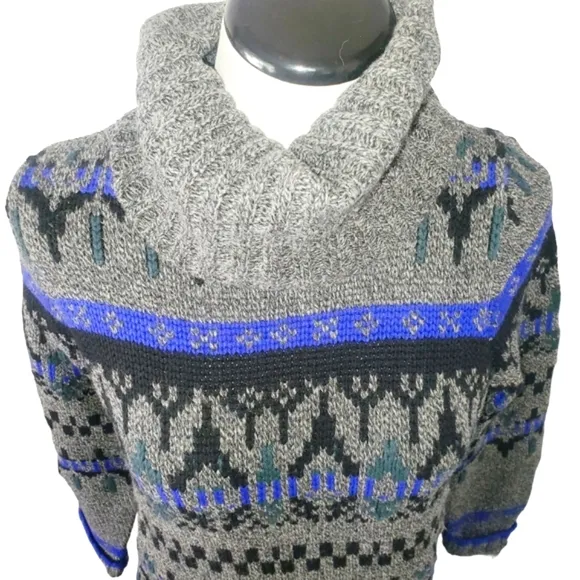 MADEWELL Geometric Gray/Blue‎ Turtleneck 100% Merino-Wool Sweater Women's…