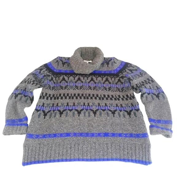 MADEWELL Geometric Gray/Blue‎ Turtleneck 100% Merino-Wool Sweater Women's…