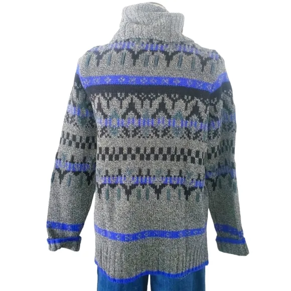 MADEWELL Geometric Gray/Blue‎ Turtleneck 100% Merino-Wool Sweater Women's…