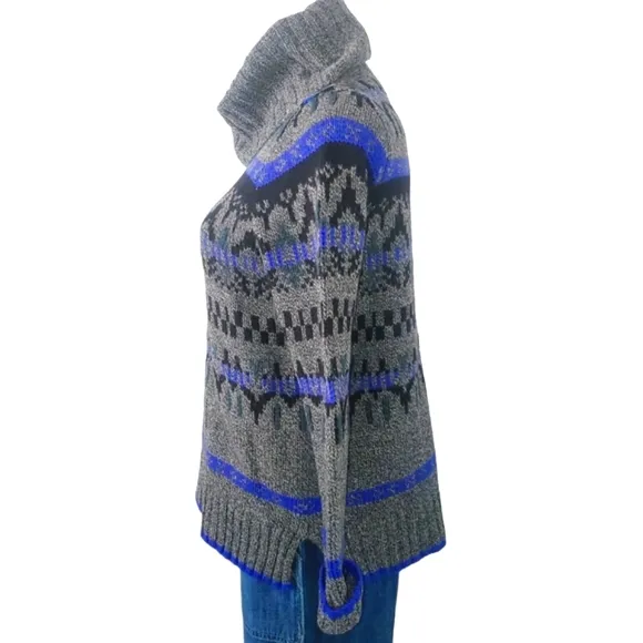 MADEWELL Geometric Gray/Blue‎ Turtleneck 100% Merino-Wool Sweater Women's…