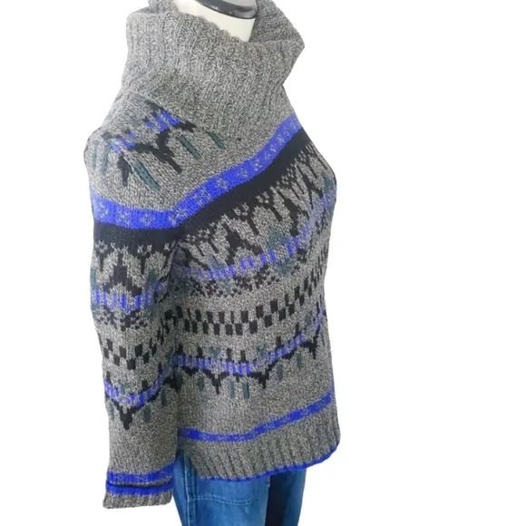 MADEWELL Geometric Gray/Blue‎ Turtleneck 100% Merino-Wool Sweater Women's…
