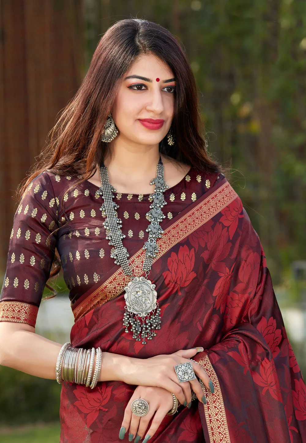 Maroon Indian Banarasi Silk Saree
