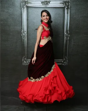 Maroon Ruffle Sari-Lehenga
