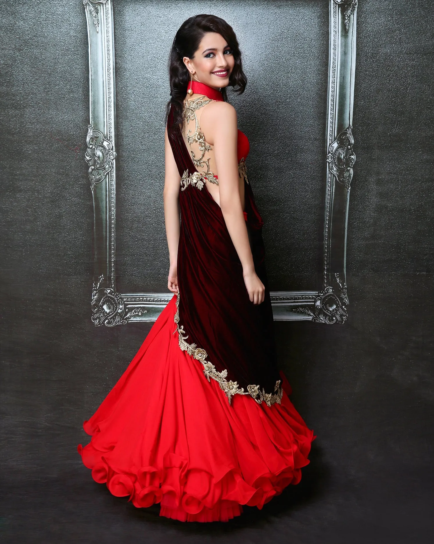 Maroon Ruffle Sari-Lehenga