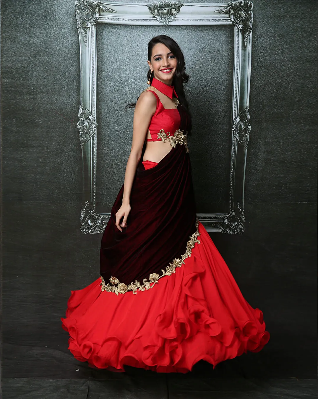 Maroon Ruffle Sari-Lehenga