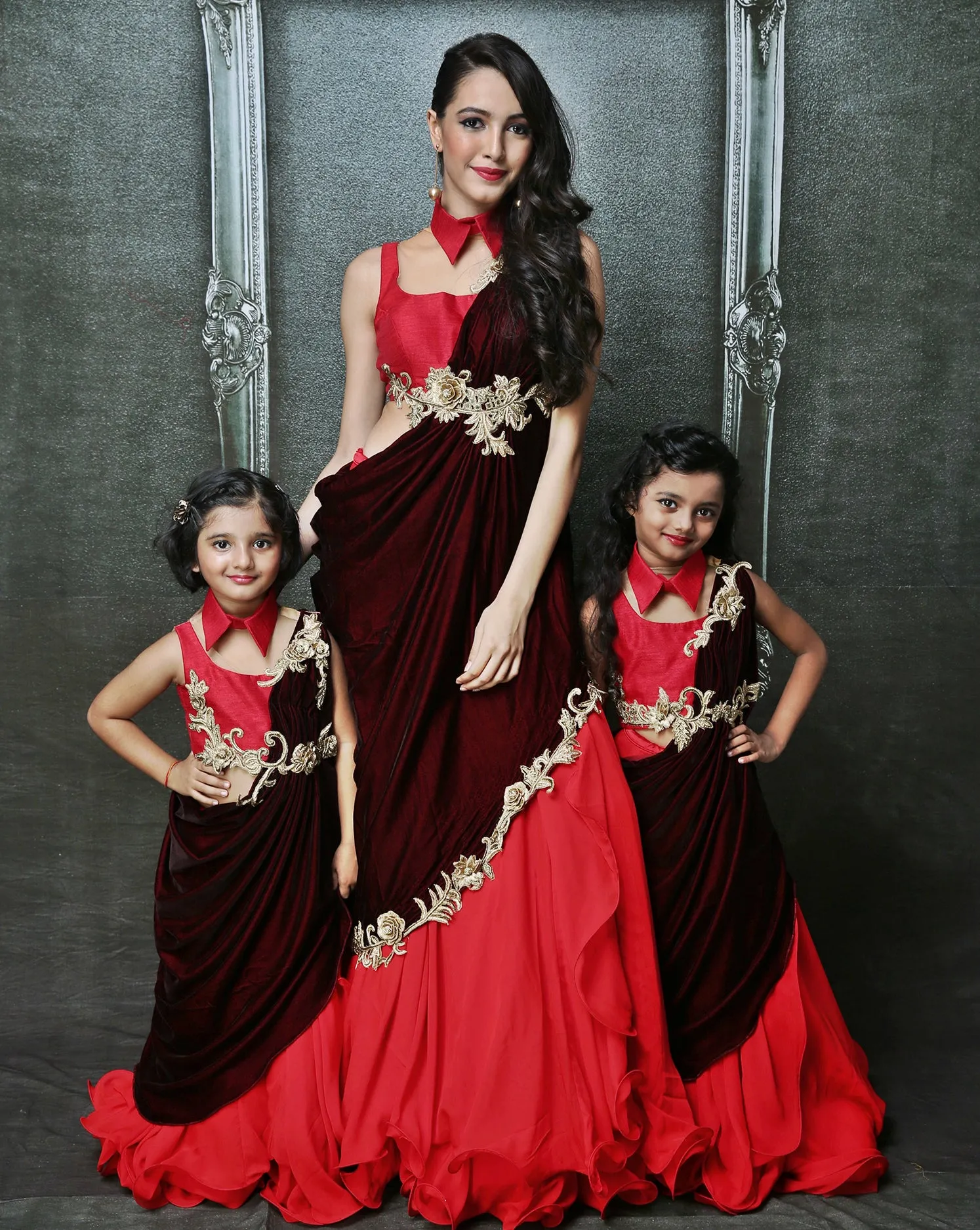 Maroon Ruffle Sari-Lehenga