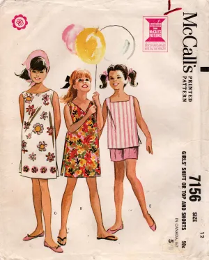 McCall's 7156 Teen Girl's Summer Shift Dress Top & Shorts 1960s Vintage Sewing Pattern Size 12