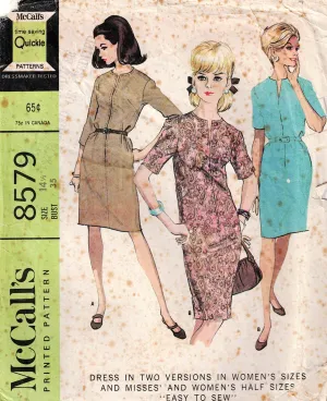 McCall's 8579 Womens EASY Half Sized Shift Dress 1960s Vintage Sewing Pattern Bust 35 Inches