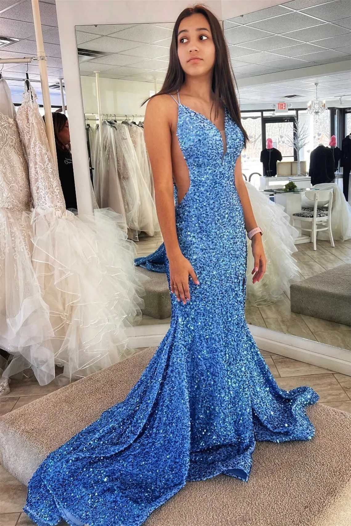 Mermaid Double Straps Lace-Up Back Sequins Long Prom Dress with Slit