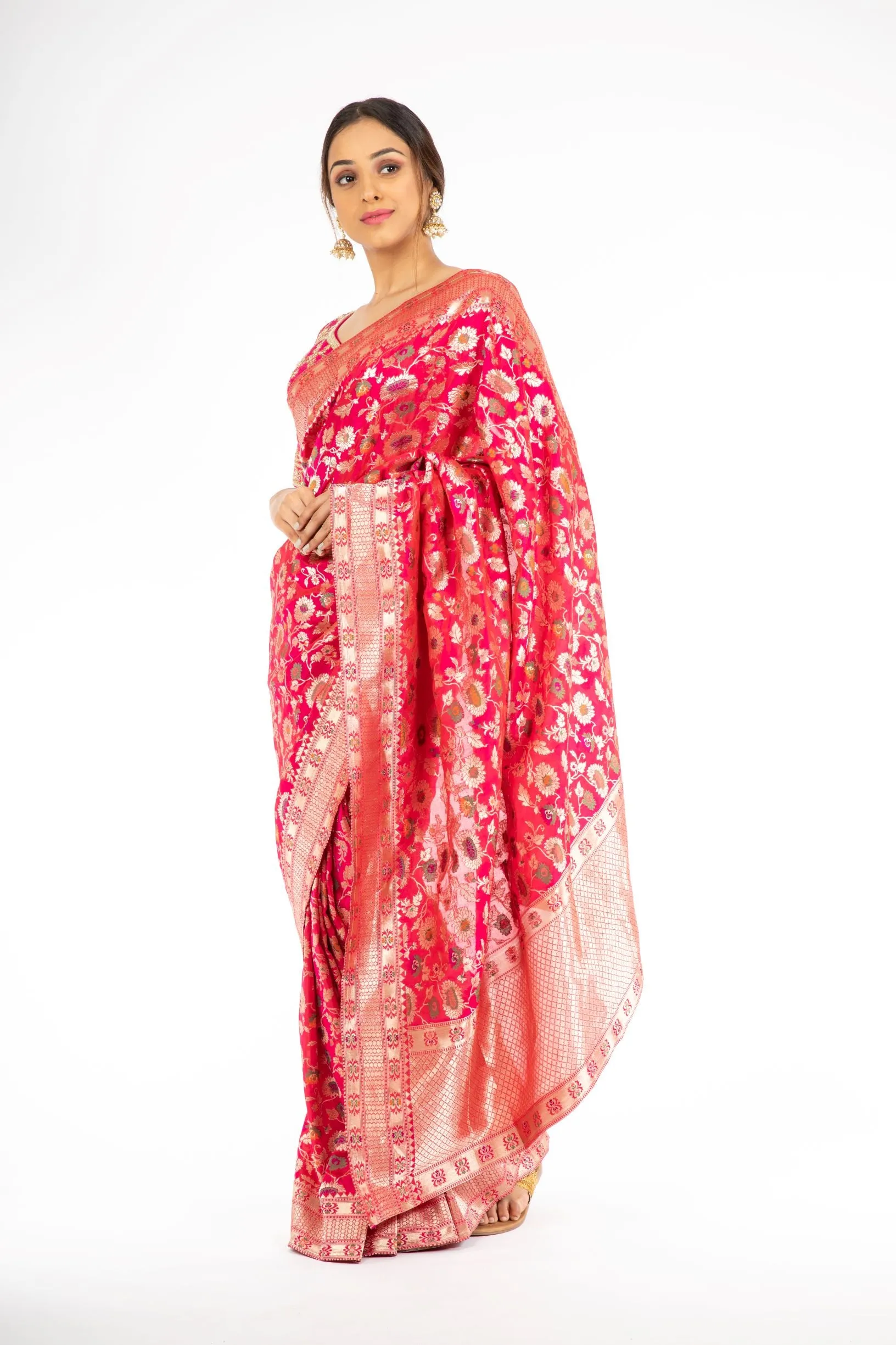 Mesmerizing Pink Color Handloom Jangla Katan Silk Saree with Minakari Weaving