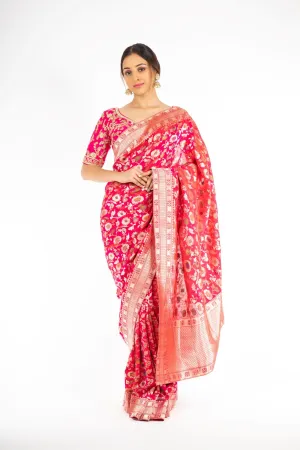 Mesmerizing Pink Color Handloom Jangla Katan Silk Saree with Minakari Weaving