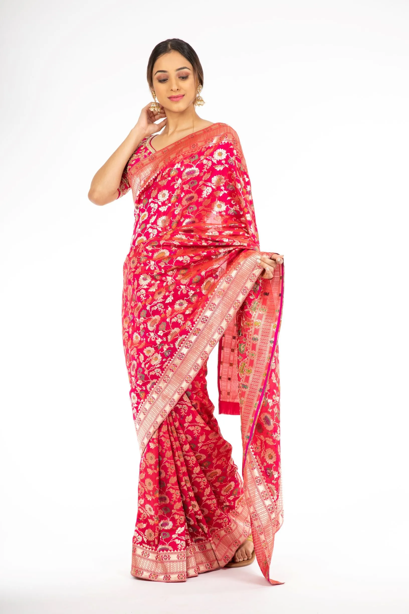 Mesmerizing Pink Color Handloom Jangla Katan Silk Saree with Minakari Weaving
