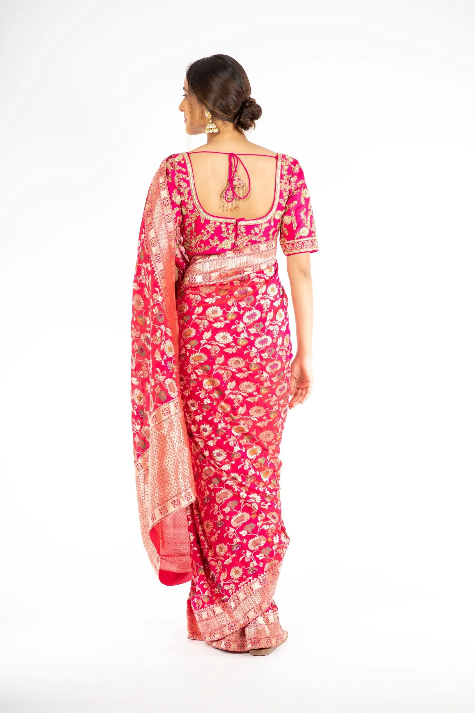 Mesmerizing Pink Color Handloom Jangla Katan Silk Saree with Minakari Weaving