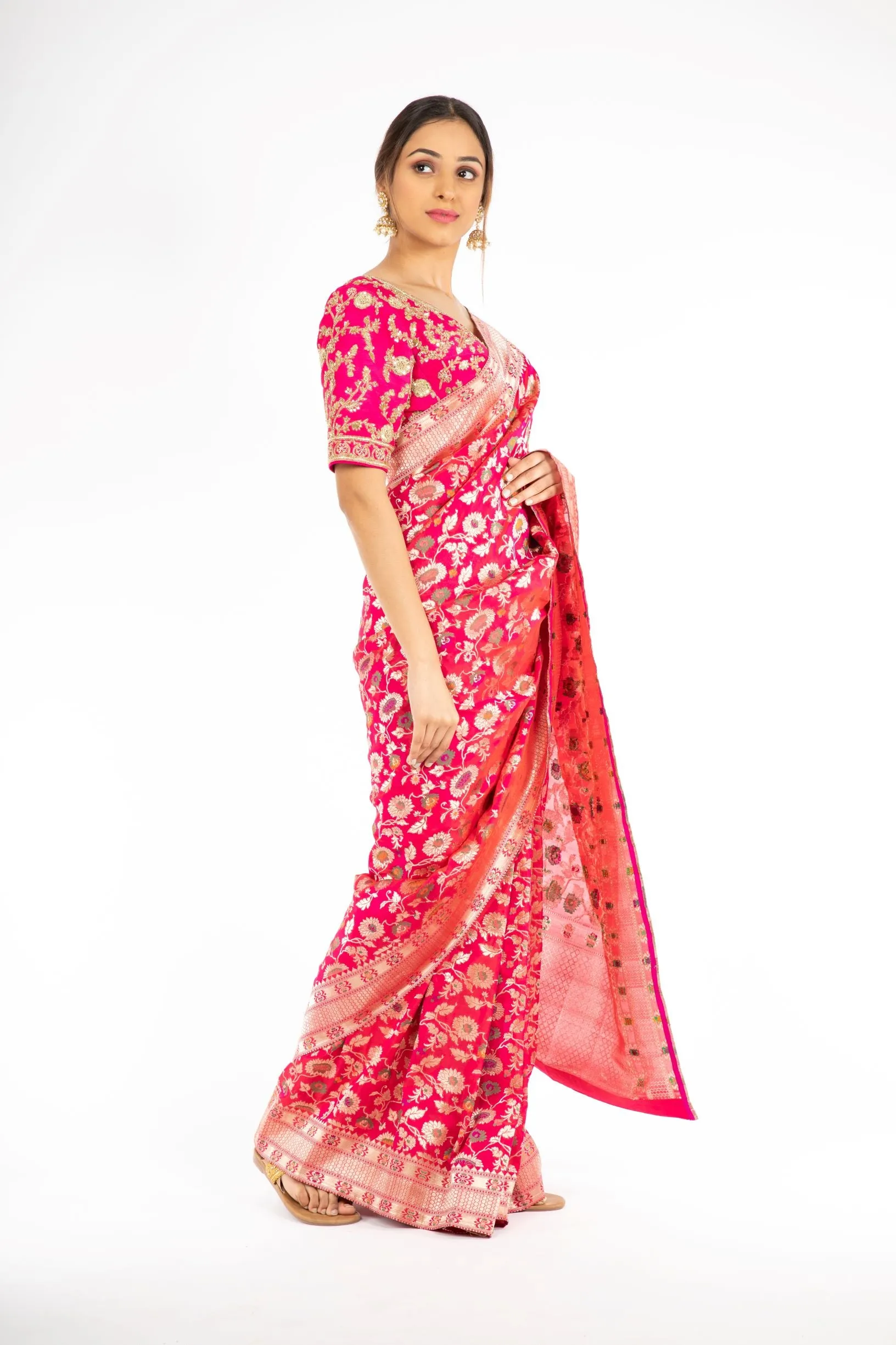 Mesmerizing Pink Color Handloom Jangla Katan Silk Saree with Minakari Weaving
