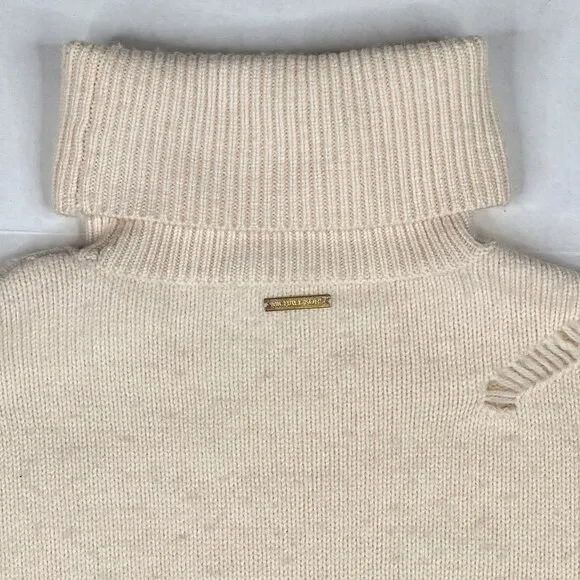 Michael Kors Distressed Wool Alpaca Ribbed Knit Turtleneck Sweater Ivory Size XS