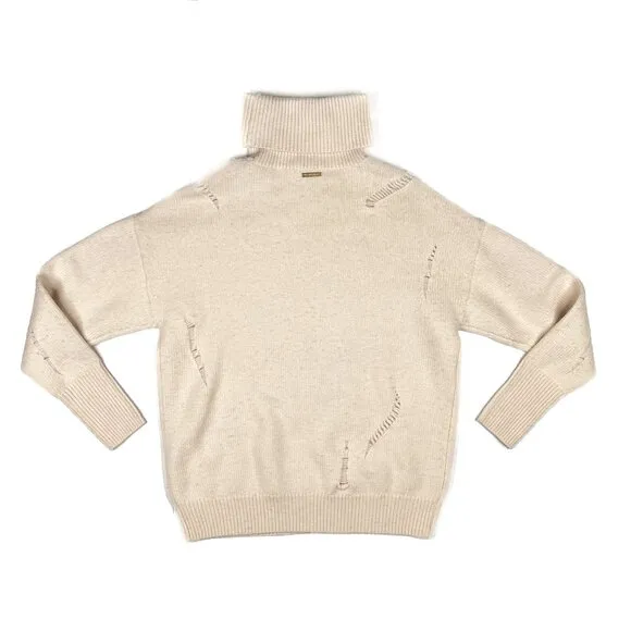 Michael Kors Distressed Wool Alpaca Ribbed Knit Turtleneck Sweater Ivory Size XS