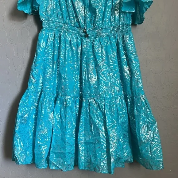 MICHAEL KORS Turquoise Adjustable ColdShoulder Ruffle Spaghetti Strap Dress