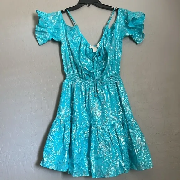 MICHAEL KORS Turquoise Adjustable ColdShoulder Ruffle Spaghetti Strap Dress